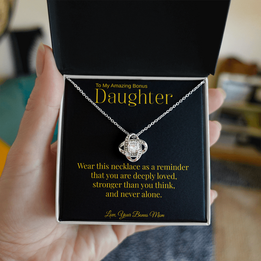 Bonus Daughter Necklace Gift From Mom | To My Bonus Daughter Jewelry | Silver or Gold Love Knot Necklace | Stepdaughter Gift