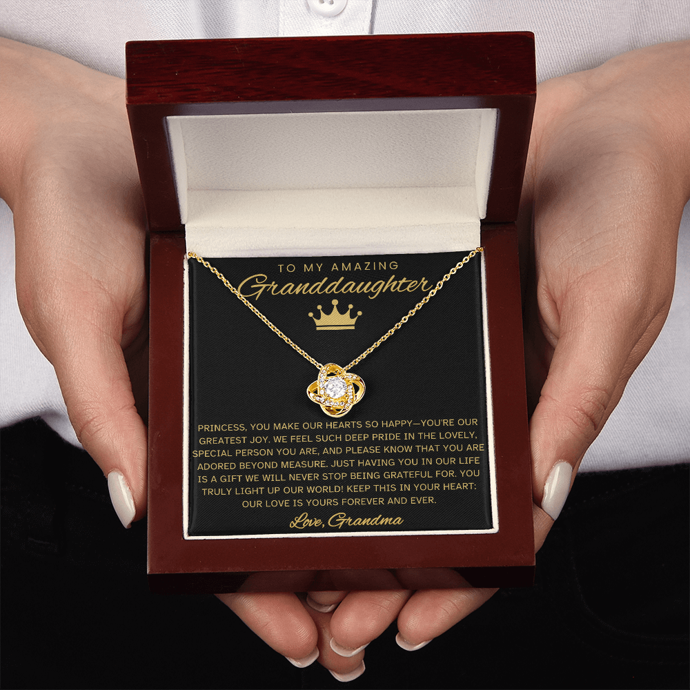 Granddaughter Necklace with Message Card – Black & Gold Love Knot Gift from Grandma | Birthday, Christmas, Encouragement
