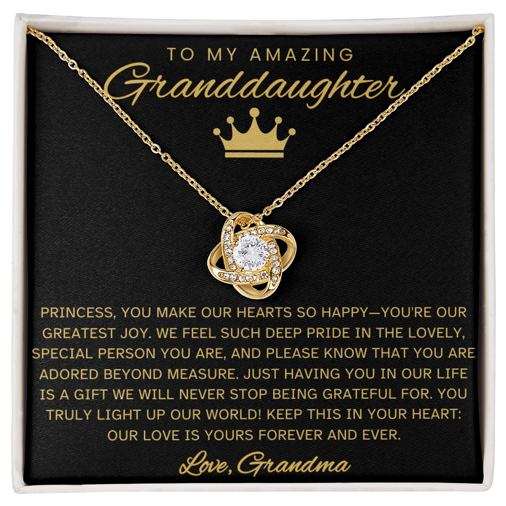 Granddaughter Necklace with Message Card – Black & Gold Love Knot Gift from Grandma | Birthday, Christmas, Encouragement