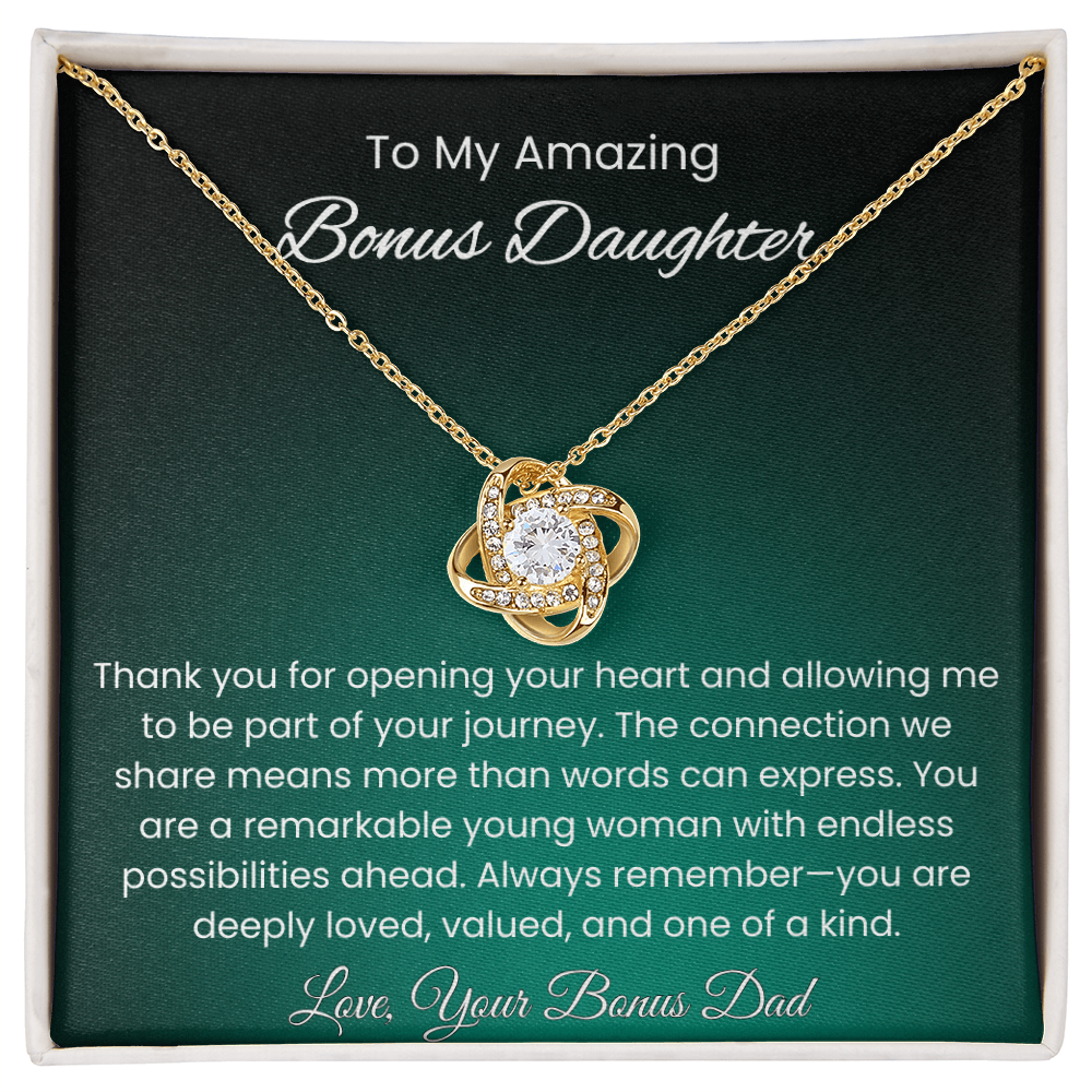 To My Amazing Bonus Daughter – Message Card From Bonus Dad | Blended Family Gift | You Are Loved Keepsake | Love Knot Necklace