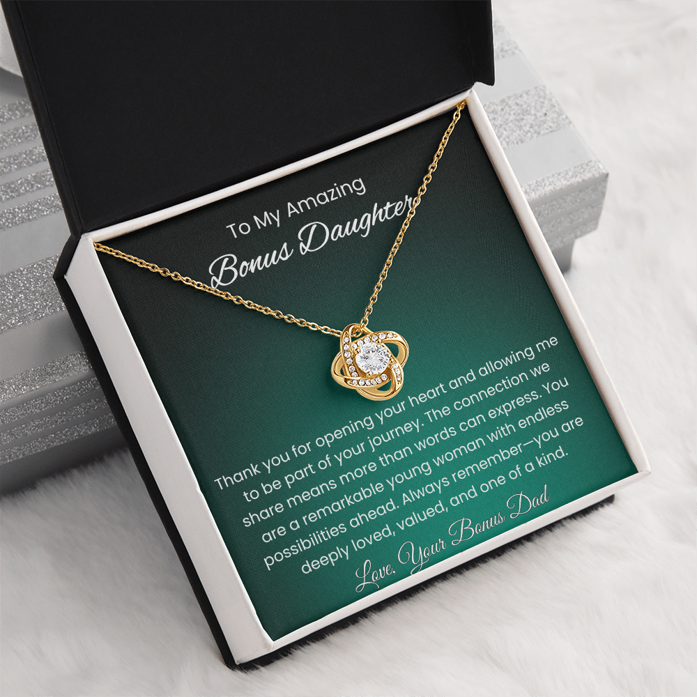 To My Amazing Bonus Daughter – Message Card From Bonus Dad | Blended Family Gift | You Are Loved Keepsake | Love Knot Necklace