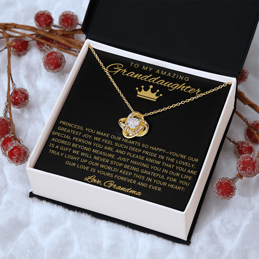 Granddaughter Necklace with Message Card – Black & Gold Love Knot Gift from Grandma | Birthday, Christmas, Encouragement