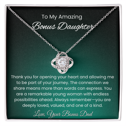 To My Amazing Bonus Daughter – Message Card From Bonus Dad | Blended Family Gift | You Are Loved Keepsake | Love Knot Necklace