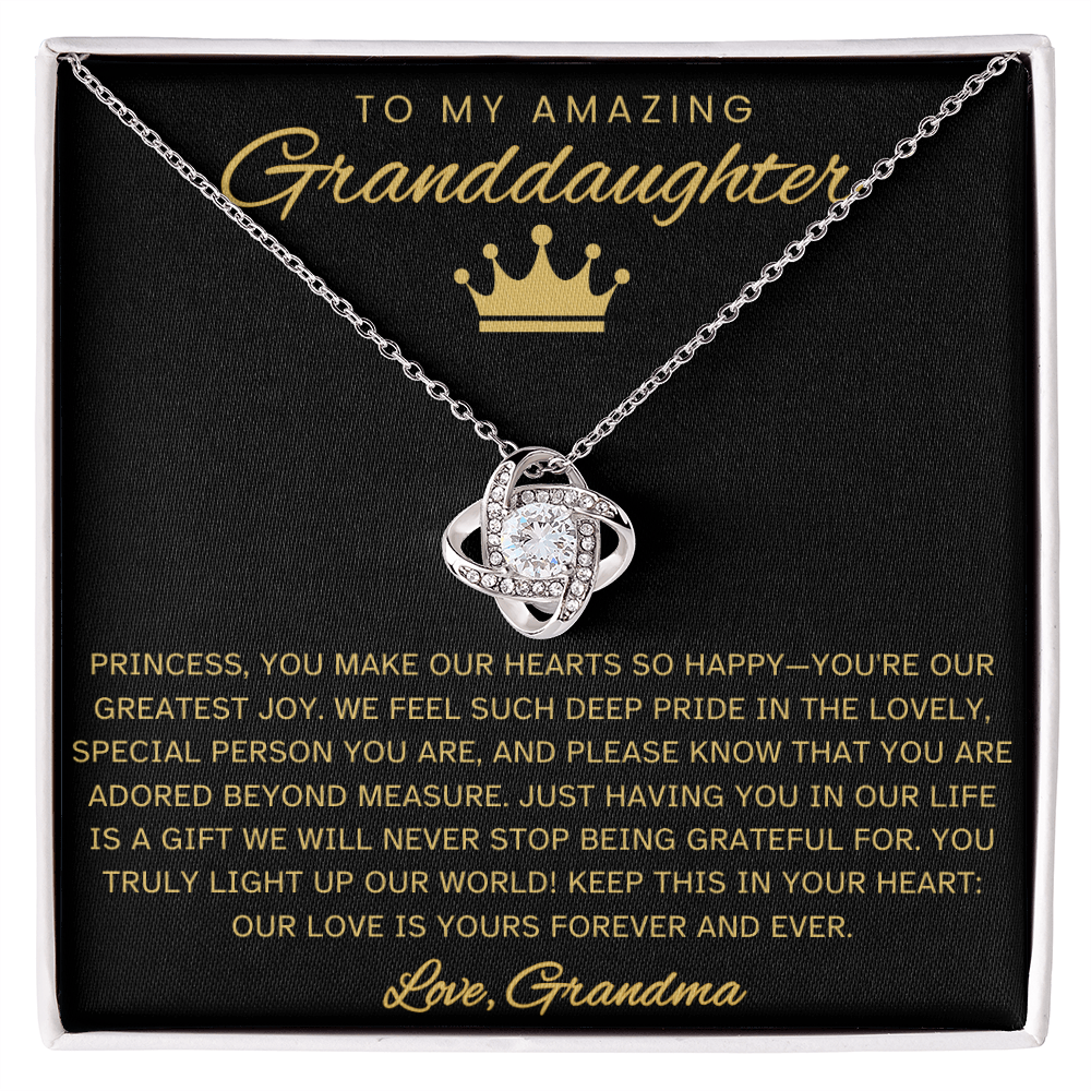 Granddaughter Necklace with Message Card – Black & Gold Love Knot Gift from Grandma | Birthday, Christmas, Encouragement