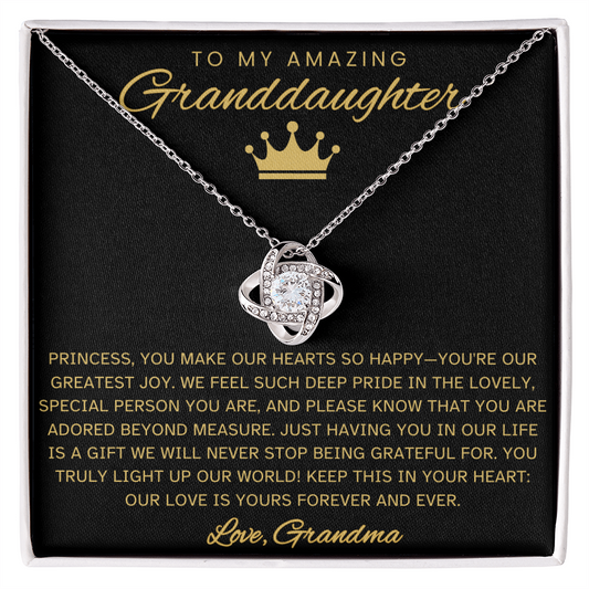 Granddaughter Necklace with Message Card – Black & Gold Love Knot Gift from Grandma | Birthday, Christmas, Encouragement