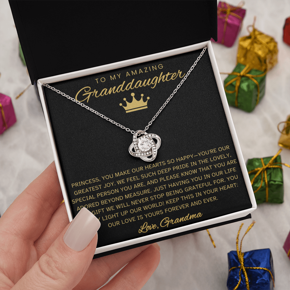 Granddaughter Necklace with Message Card – Black & Gold Love Knot Gift from Grandma | Birthday, Christmas, Encouragement