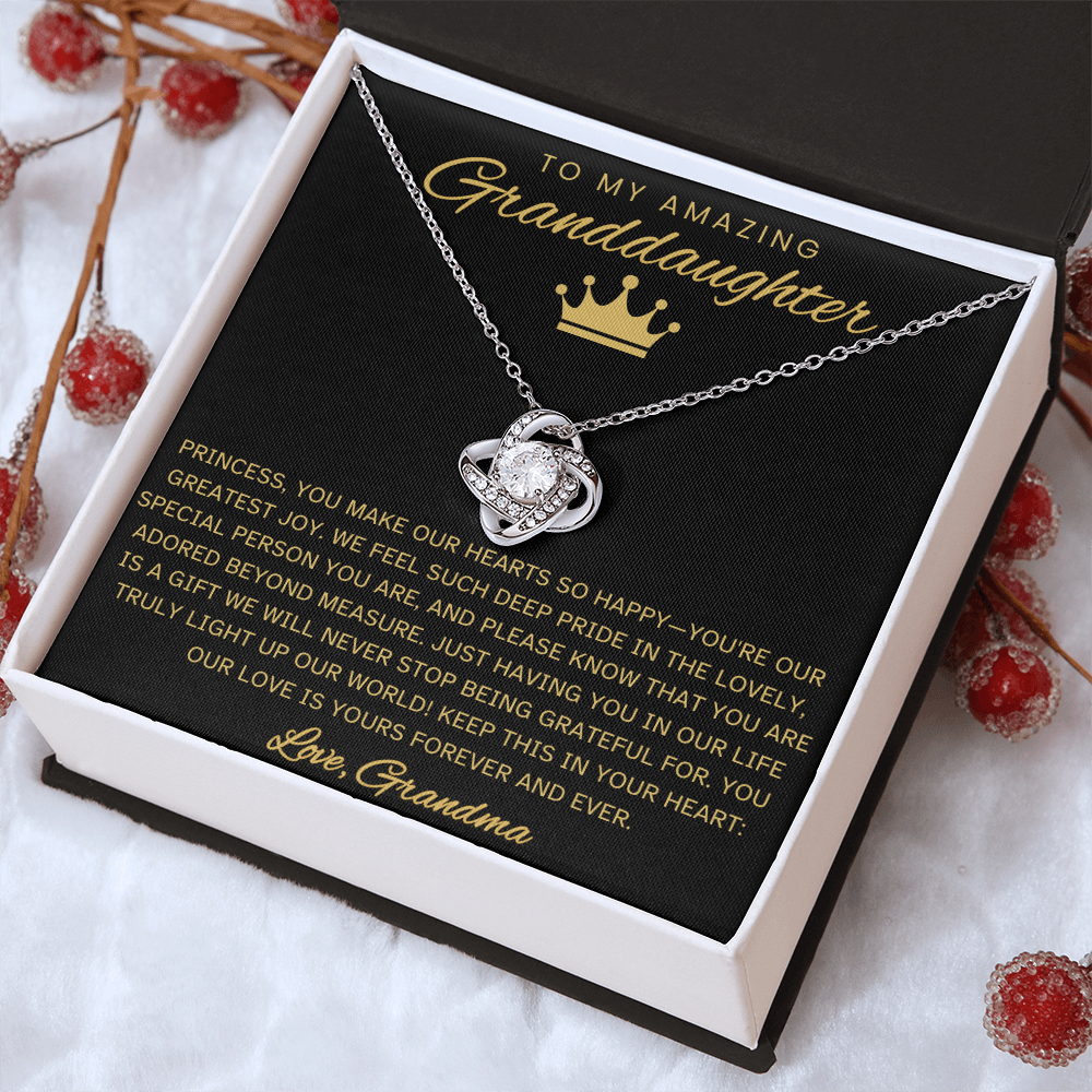 Granddaughter Necklace with Message Card – Black & Gold Love Knot Gift from Grandma | Birthday, Christmas, Encouragement