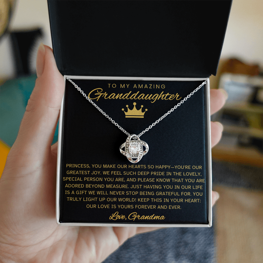 Granddaughter Necklace with Message Card – Black & Gold Love Knot Gift from Grandma | Birthday, Christmas, Encouragement