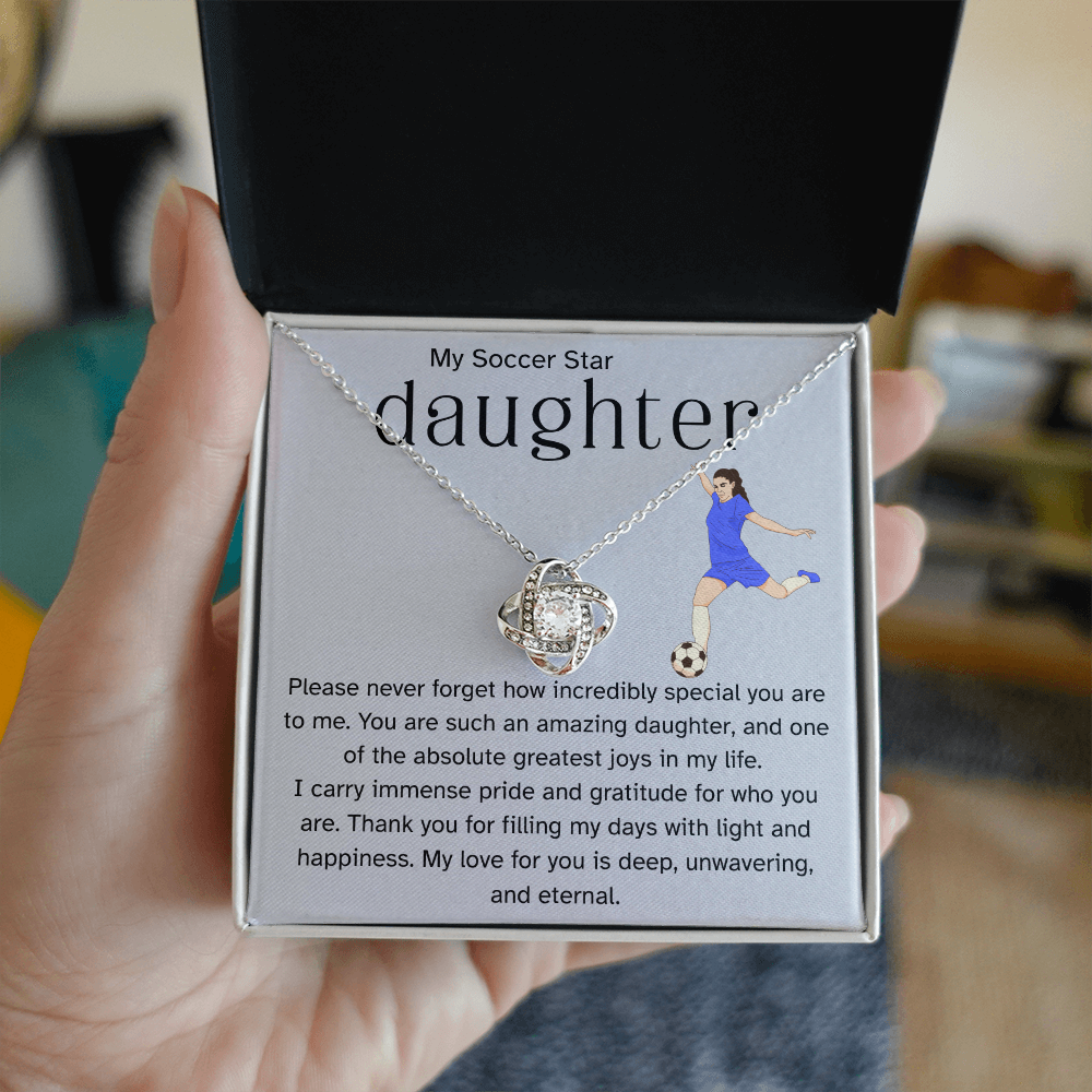 To My Soccer Star Daughter – Proud Parent Message Card | Athlete Encouragement Gift | Love Knot Necklace