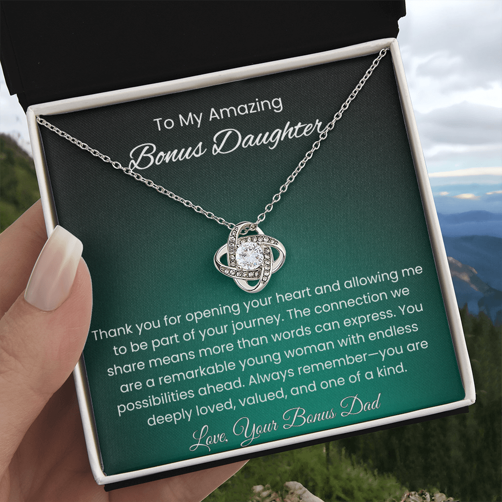 To My Amazing Bonus Daughter – Message Card From Bonus Dad | Blended Family Gift | You Are Loved Keepsake | Love Knot Necklace