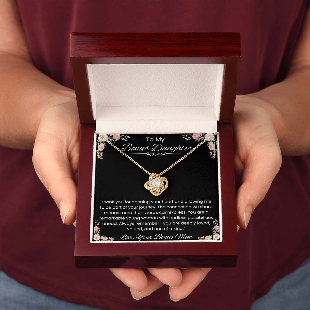 To My Bonus Daughter – Message Card from Bonus Mom | Love Knot Necklace | Family Isn't Defined by Blood Gift