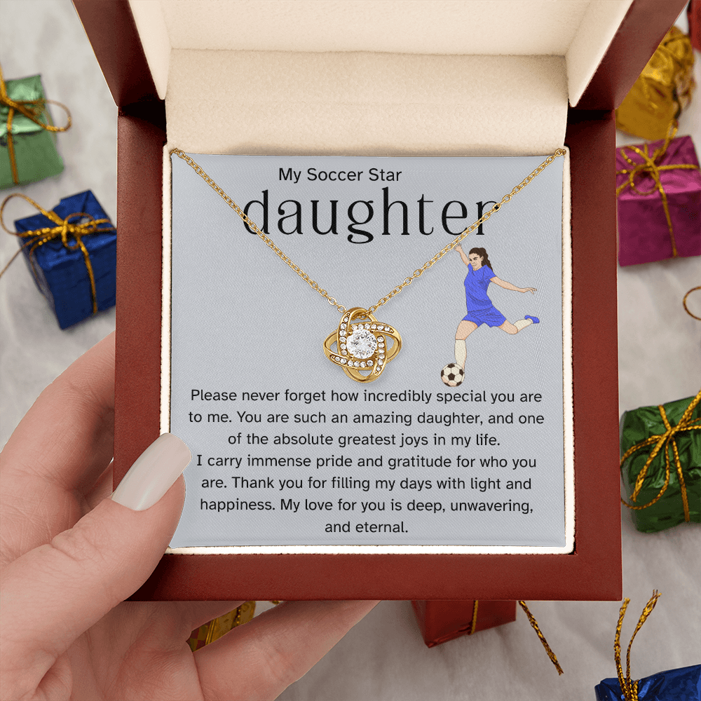 To My Soccer Star Daughter – Proud Parent Message Card | Athlete Encouragement Gift | Love Knot Necklace
