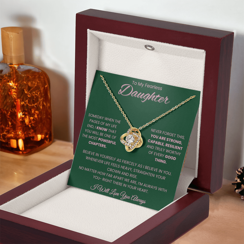 To My Fearless Daughter – Empowering Message Card Gift | Strong, Resilient, Loved | Love Knot Necklace