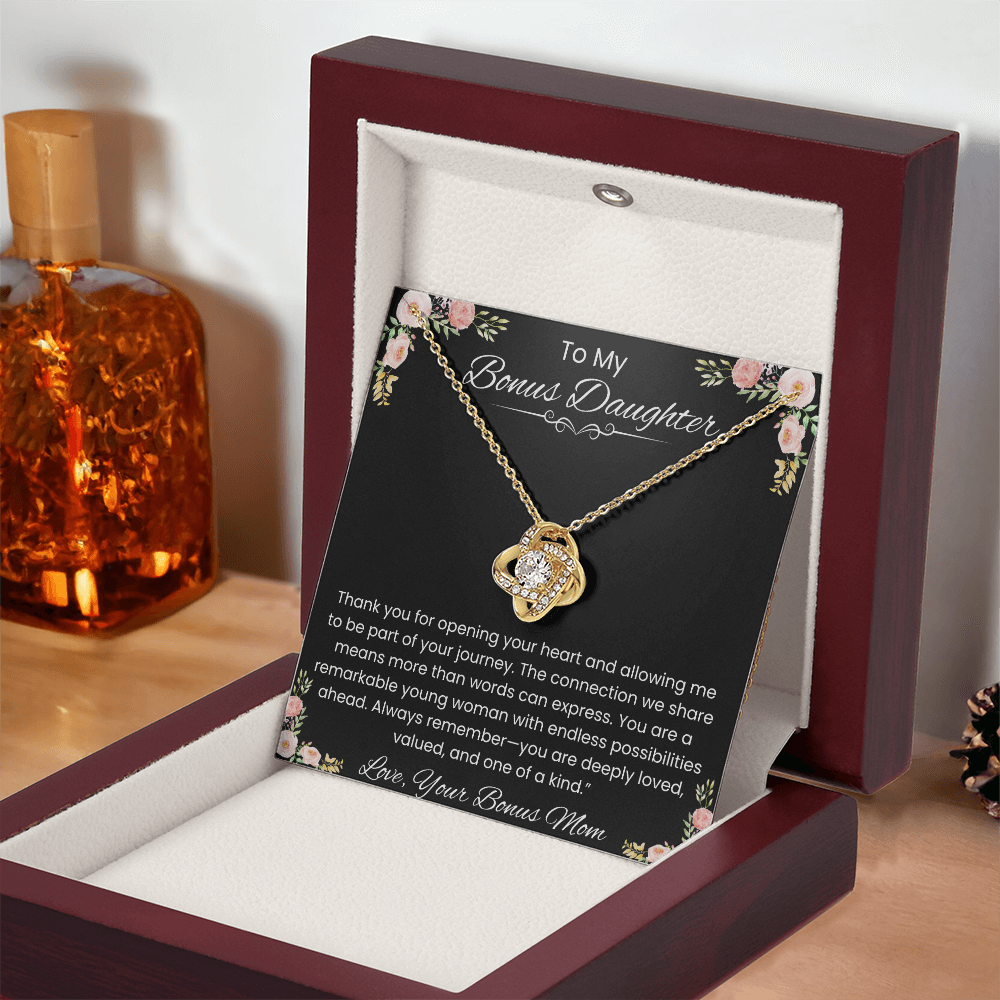 To My Bonus Daughter – Message Card from Bonus Mom | Love Knot Necklace | Family Isn't Defined by Blood Gift