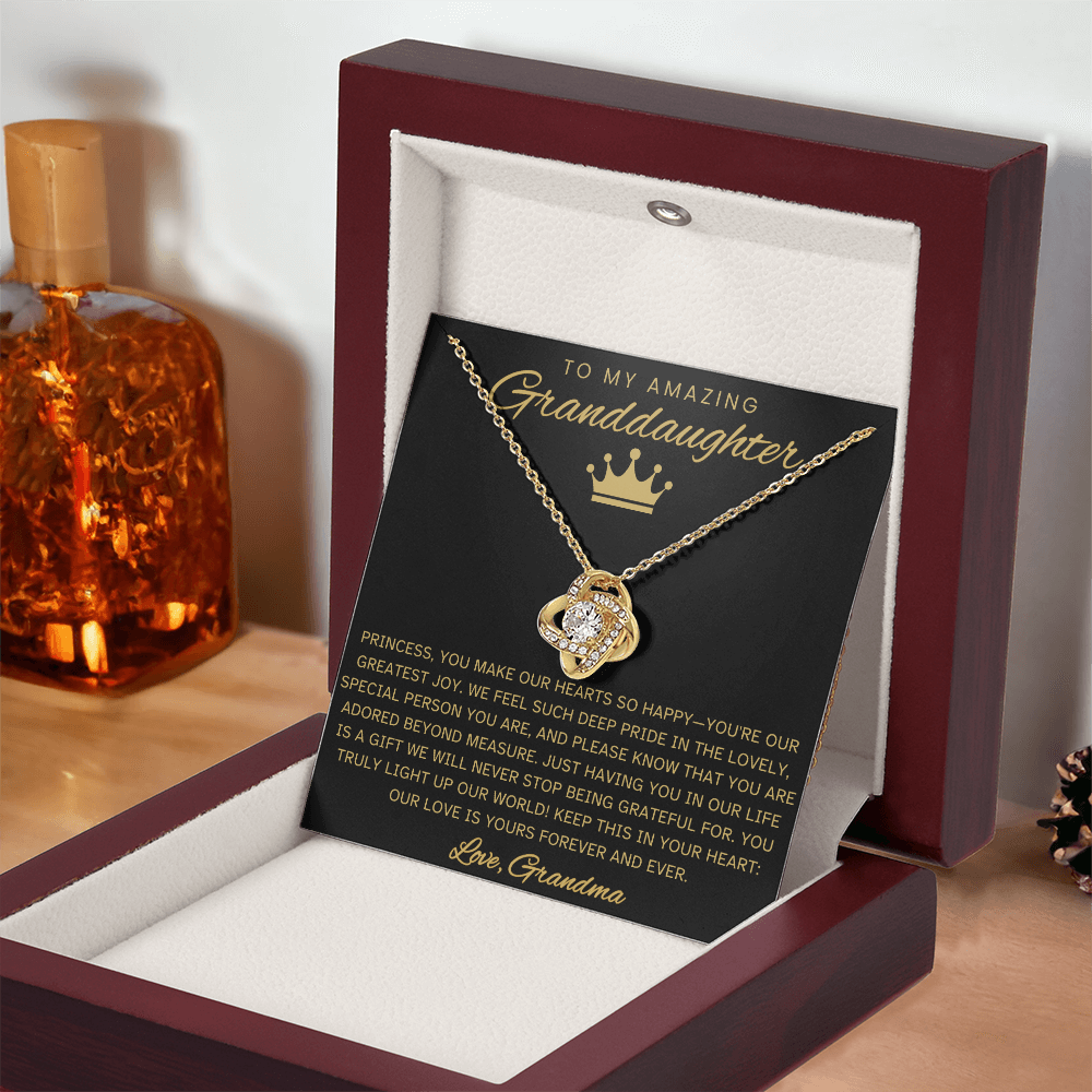 Granddaughter Necklace with Message Card – Black & Gold Love Knot Gift from Grandma | Birthday, Christmas, Encouragement
