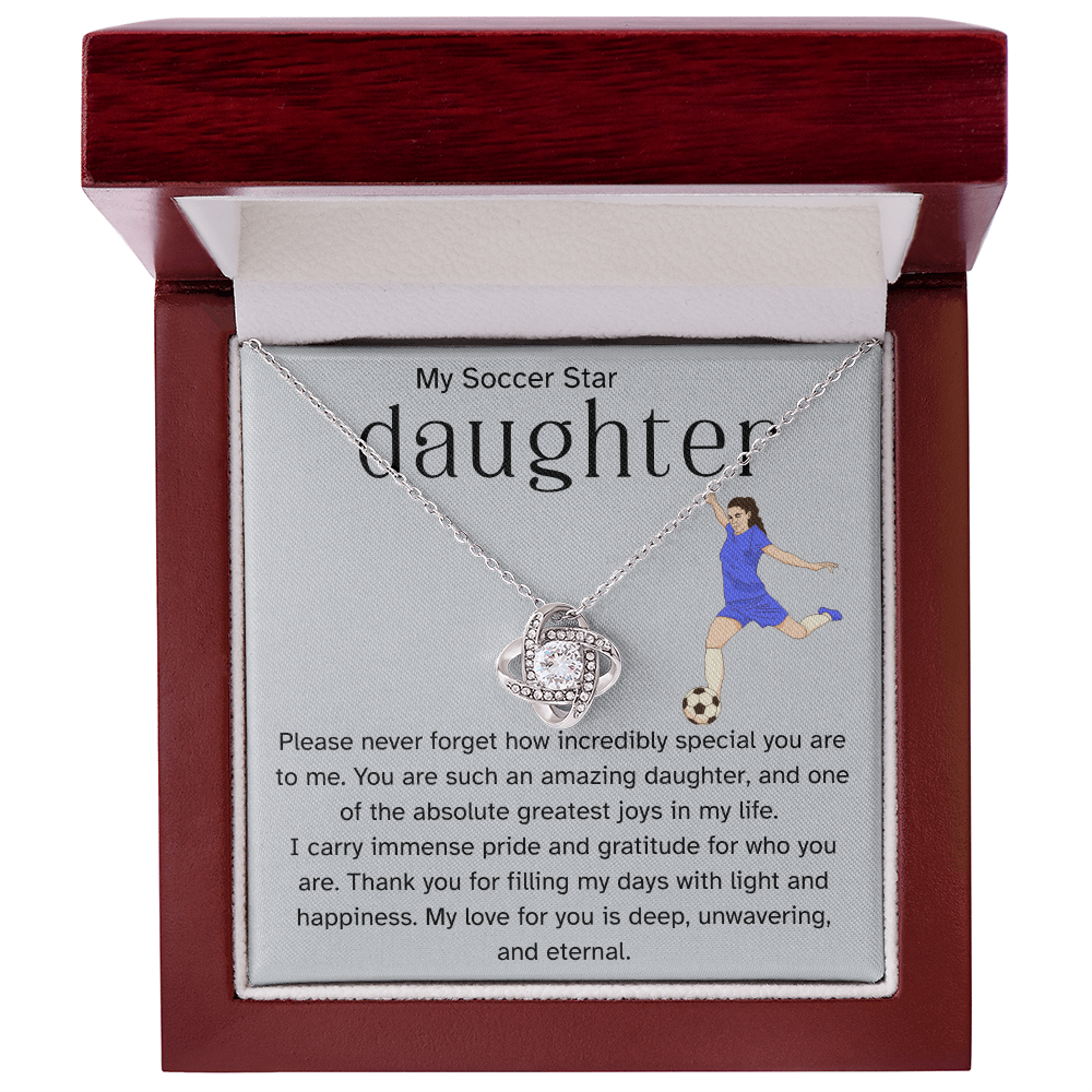 To My Soccer Star Daughter – Proud Parent Message Card | Athlete Encouragement Gift | Love Knot Necklace