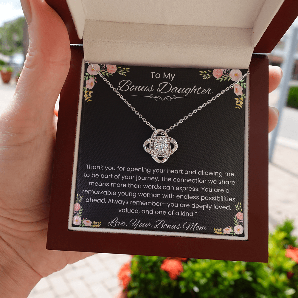 To My Bonus Daughter – Message Card from Bonus Mom | Love Knot Necklace | Family Isn't Defined by Blood Gift