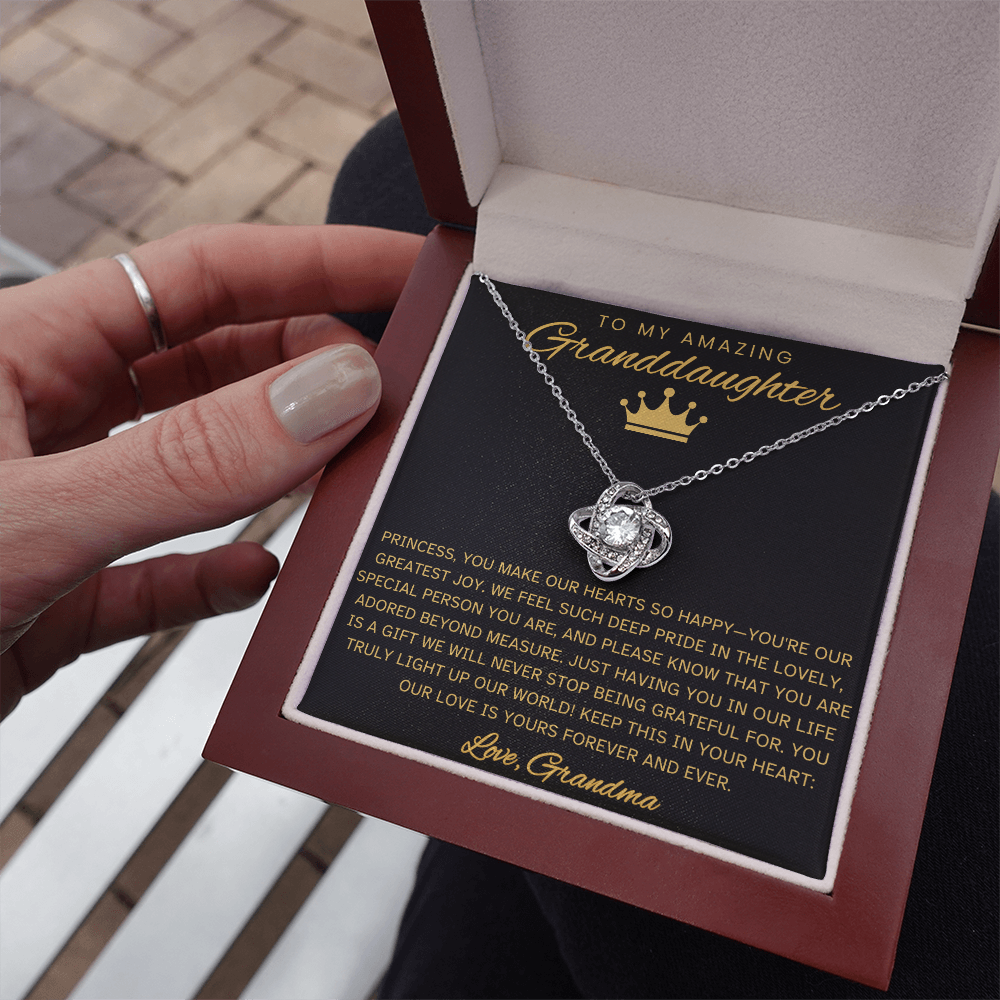 Granddaughter Necklace with Message Card – Black & Gold Love Knot Gift from Grandma | Birthday, Christmas, Encouragement