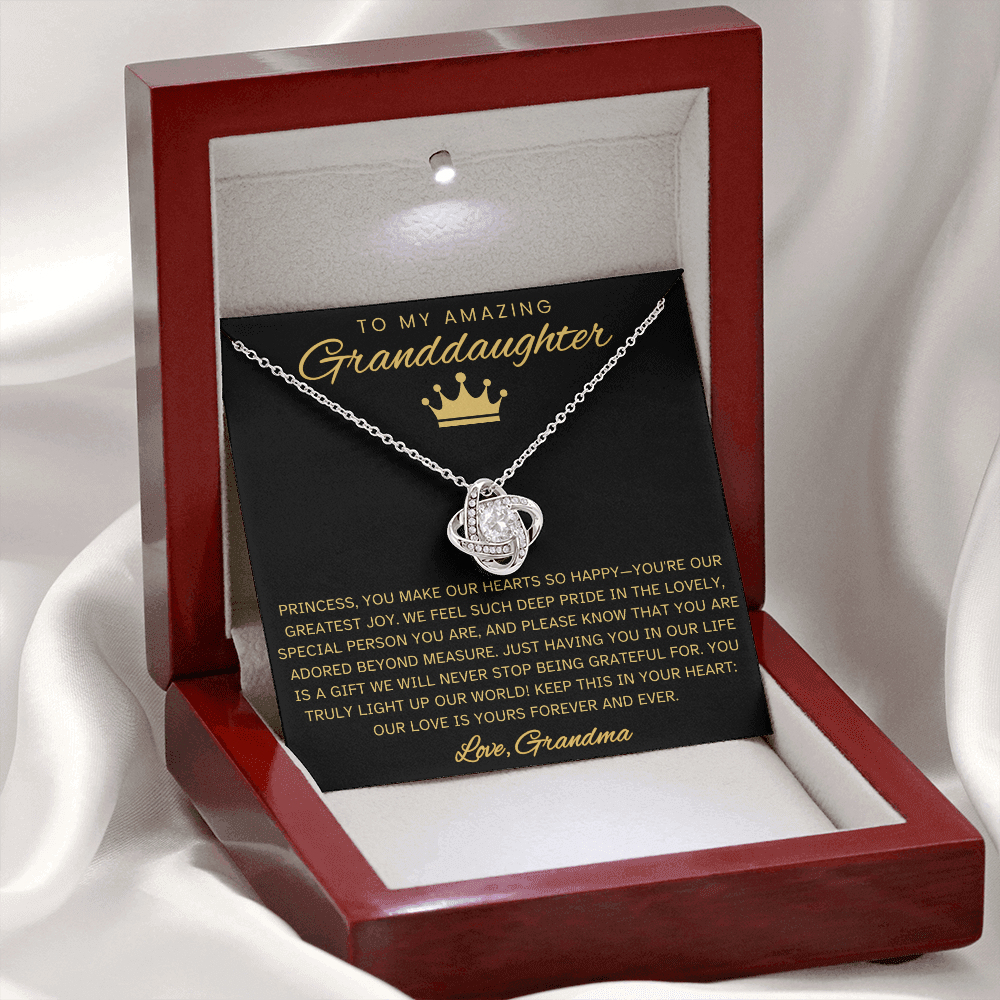 Granddaughter Necklace with Message Card – Black & Gold Love Knot Gift from Grandma | Birthday, Christmas, Encouragement
