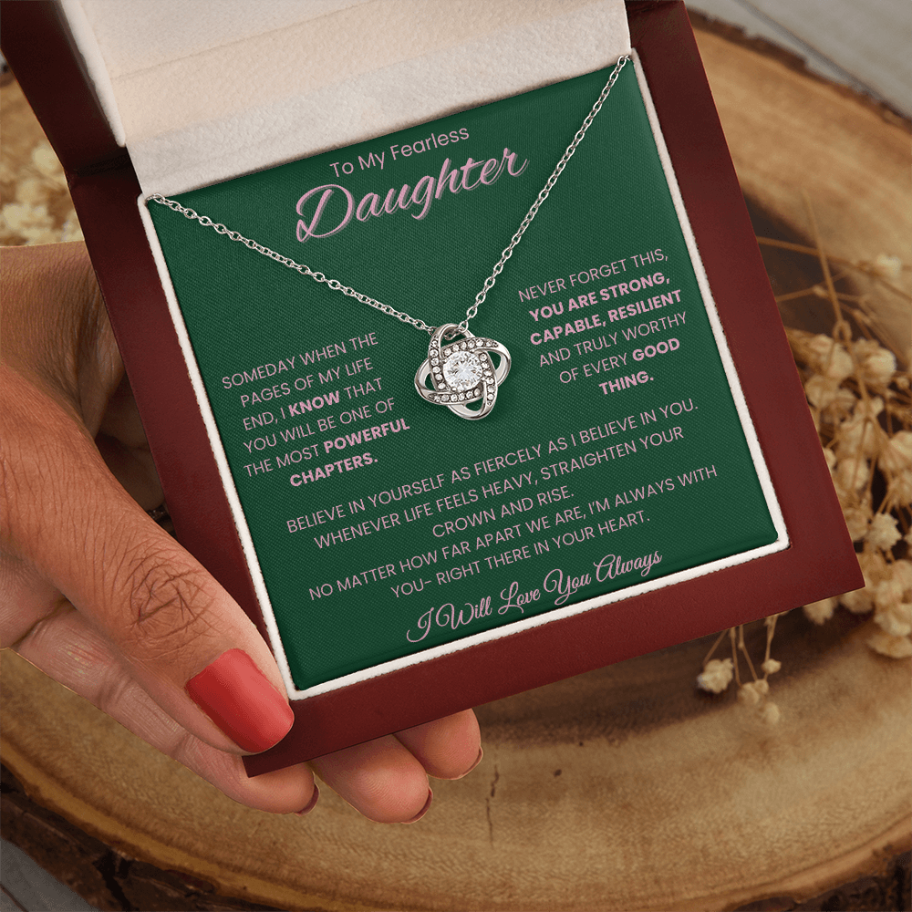 To My Fearless Daughter – Empowering Message Card Gift | Strong, Resilient, Loved | Love Knot Necklace