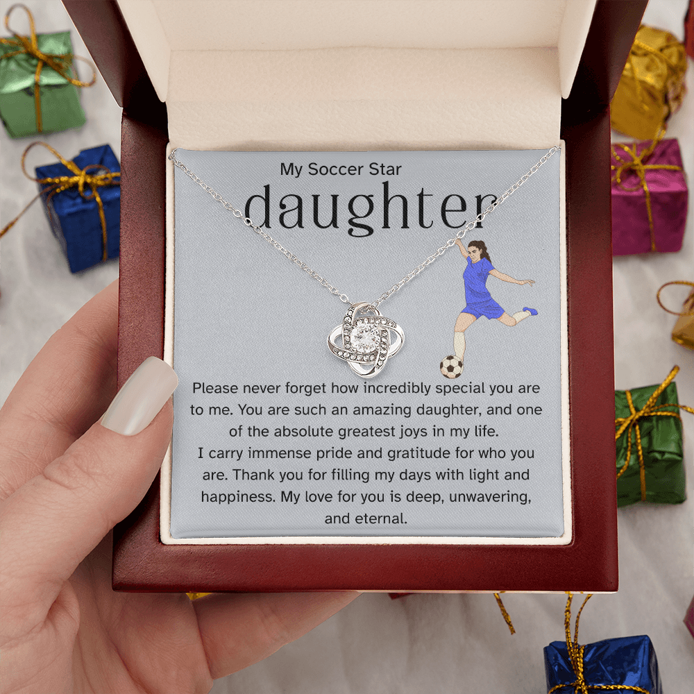 To My Soccer Star Daughter – Proud Parent Message Card | Athlete Encouragement Gift | Love Knot Necklace