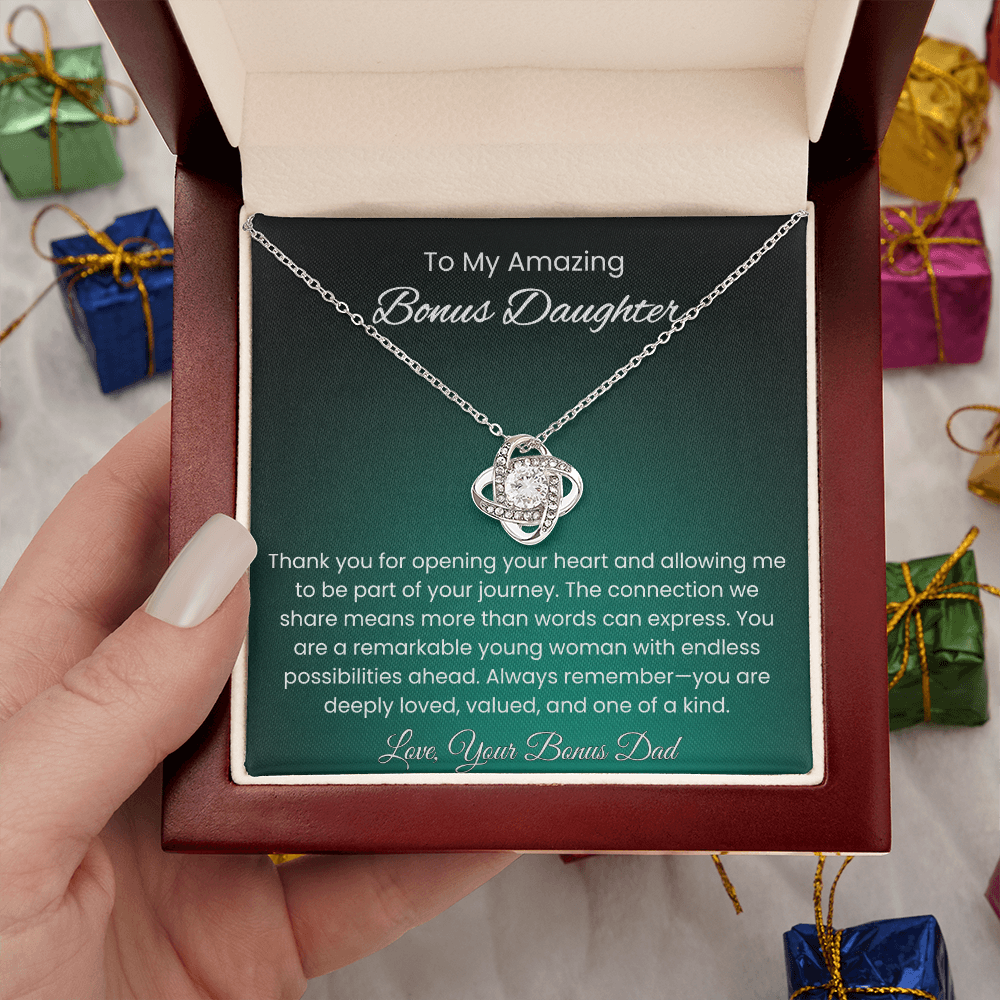 To My Amazing Bonus Daughter – Message Card From Bonus Dad | Blended Family Gift | You Are Loved Keepsake | Love Knot Necklace